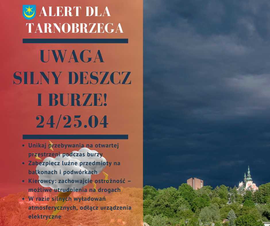 Alert dla Tarnobrzega - silny deszcz i burze 24/25 kwietnia
